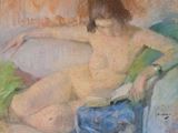 une peinture à l'huile représentant une femme nue assise sur un canapé