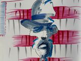 painting of a man with a hat and a beard in front of an american flag
