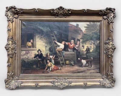 un tableau représentant un groupe de personnes, accroché au mur