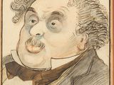 un vieux dessin représentant un homme aux cheveux bouclés et portant une moustache