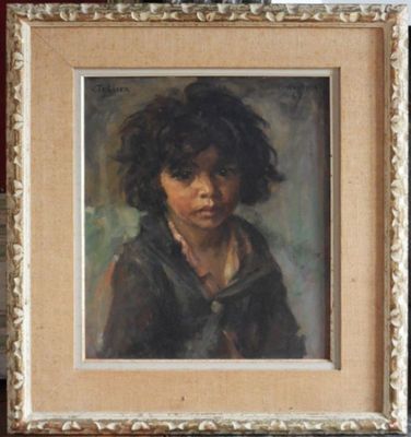 painting of a young boy with curly hair in a gold frame