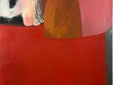 une peinture abstraite représentant un carré rouge surmonté d'un chapeau jaune