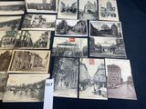 several old black and white photographs of a church and other buildings