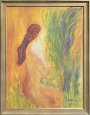 a painting of a woman sitting in a field of grass