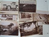 several old black and white photos of a building and trees