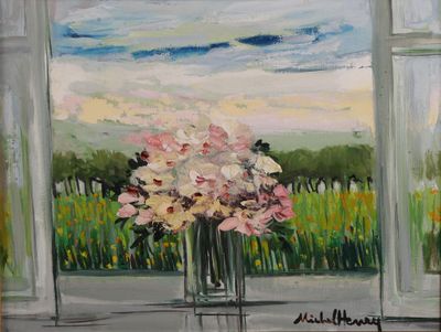a painting of a vase of flowers in front of a window