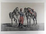a drawing of a man standing next to two horses