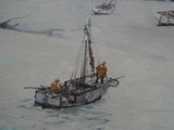 une peinture représentant un bateau dans l'eau avec des personnes à bord
