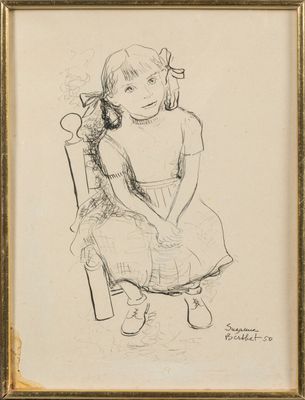 drawing of a little girl sitting in a chair with her hand on her knee