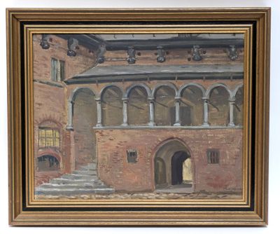 an oil painting of a building with arches and steps in front of it