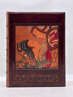 tableau représentant une femme et un oiseau, dans un cadre en bois