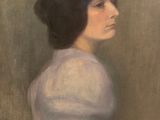 an oil painting of a woman in a white dress with a yellow belt
