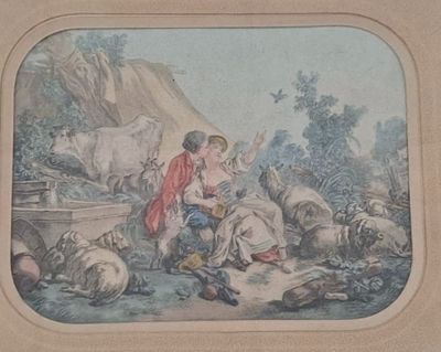 a picture of a painting of a man and a woman in a landscape