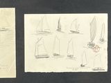 trois dessins représentant des voiliers sur un plan d'eau, dont l'un se trouve encore dans l'eau