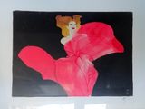 un tableau représentant une femme en robe rose sur fond noir