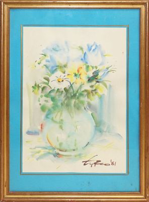 a painting of flowers in a vase on a table