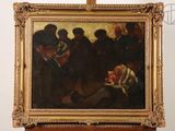 painting of a group of people gathered around a baby in a crib