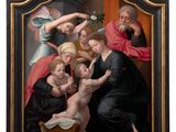 a painting of a group of people with a baby in a tub