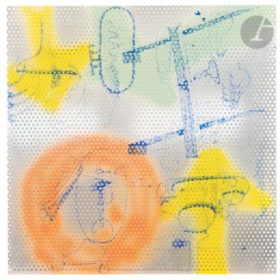 an abstract painting of a man with a hat on his head and a woman with a hat on her head