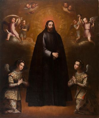 une image représentant un tableau où l'on voit un homme vêtu d'une cape noire, entouré d'anges