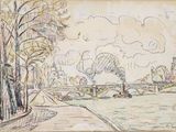 dessin représentant une rivière avec un pont au loin