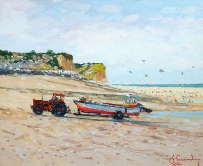 une peinture représentant un bateau et un tracteur sur la plage