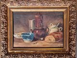 tableau représentant une nature morte avec du pain, une cafetière et une théière