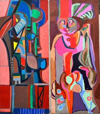 painting of a man and a woman sitting on a bench in front of a building