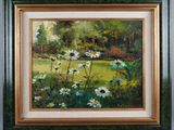 an oil painting of daisies in a field with trees in the background