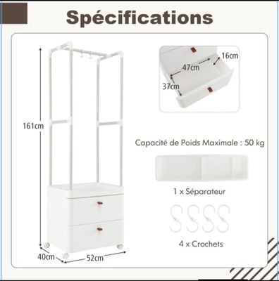 les dimensions d'une armoire blanche avec des tiroirs et des tiroirs