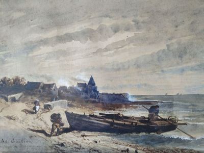 a painting of a boat on the beach by the water