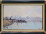 an oil painting of a harbor scene with boats in the water
