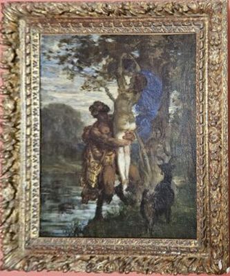 un vieux tableau représentant un homme à cheval à côté d'un autre homme à cheval
