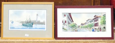 three framed pictures on a shelf next to a red vase