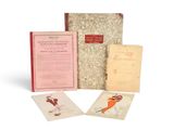 un vieux livre avec l'image d'un oiseau sur la couverture et trois autres livres