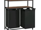 une poubelle noire composée de deux compartiments et d'une étagère en bois