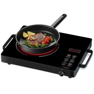 une photo d'une plaque de cuisson électrique noire sur laquelle sont disposés un steak et des légumes