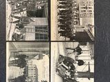 several old black and white photos of people standing in front of a building