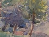 a watercolor painting of some trees on a hill