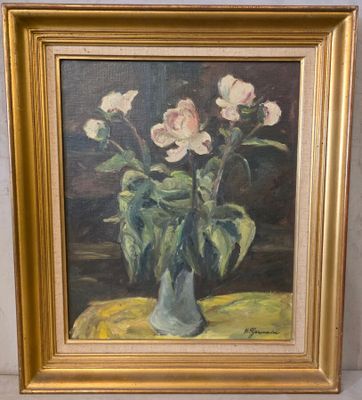 une peinture de fleurs dans un vase sur une table