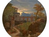 an image of a painting of a landscape with a bridge in the distance