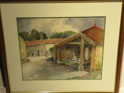 aquarelle encadrée représentant une scène de ferme avec un chien sous un auvent