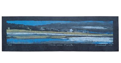 une image représentant une peinture d'une scène de plage avec un phare au loin