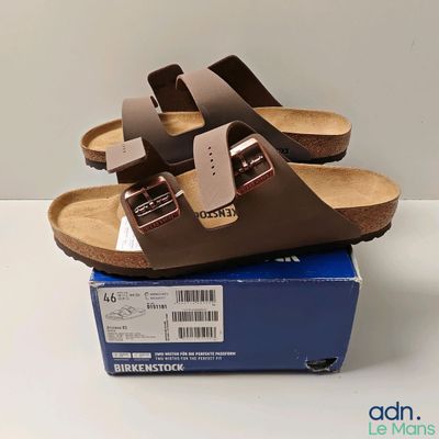brand new birketts men ' s brown leather slide on sandals