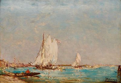 un tableau représentant des voiliers sur l'eau, près du rivage
