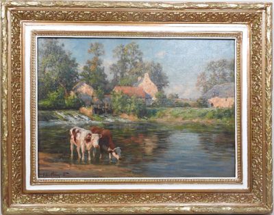 un tableau représentant deux vaches en train de boire l'eau d'une rivière
