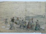 un vieux dessin représentant un groupe de personnes marchant sur une plage