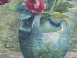 a painting of flowers in a vase on a table