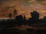 une image d'un tableau représentant un paysage avec des arbres au premier plan