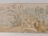 an old book with a drawing of a mountain scene on it
